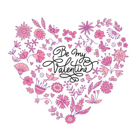 Illustration for Greeting card for Valentines day with a floral design elements and lettering in the heart shape. Vector isolated color illustration in doodle style. - Royalty Free Image