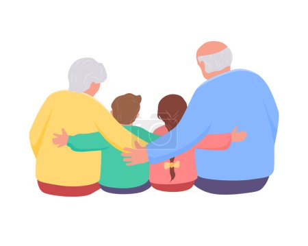 Illustration for Grandfather and grandmother are hugging a granddaughter and grandson. Back view. Vector isolated color illustration. - Royalty Free Image