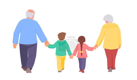 Téléchargez les photos : Grandparents are walking together with grandchildren. Back view. Vector isolated color illustration. - en image libre de droit