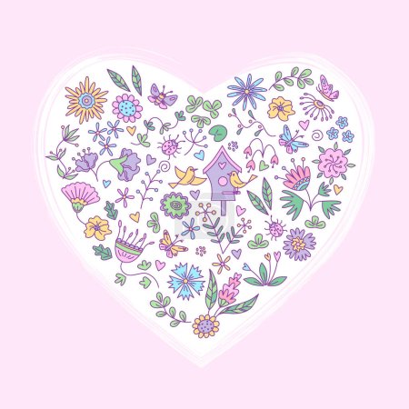 Téléchargez les illustrations : Carte de voeux en forme de coeur avec des éléments floraux. Illustration vectorielle en couleur dans le style doodle. - en licence libre de droit