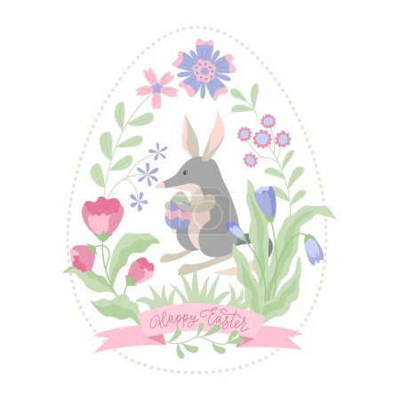 Téléchargez les photos : Floral design with cute Bilby for Easter holiday in the egg shaped frame. Vector isolated color illustration in flat style with lettering. - en image libre de droit