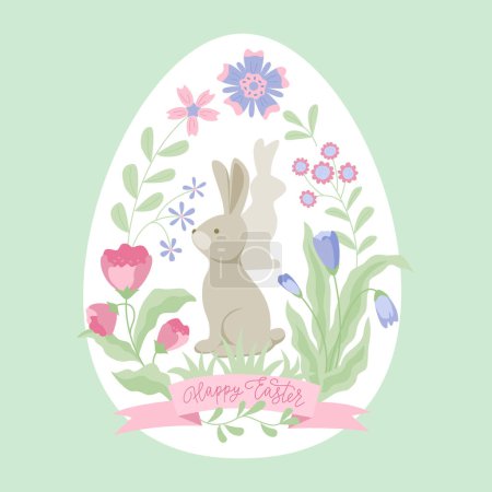Illustration for Easter greeting card with floral design. Cute bunny in the egg shaped frame. Vector color illustration in flat style with lettering. - Royalty Free Image