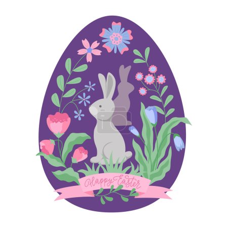 Téléchargez les illustrations : Easter floral design with cute bunny in the egg shaped frame. Vector isolated color illustration in flat style with lettering. - en licence libre de droit