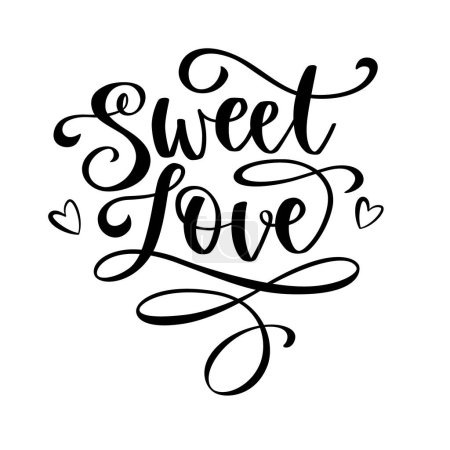 Illustration for Sweet Love lettering with flourish in calligraphy style decorated by hearts. Vector isolated illustration. - Royalty Free Image