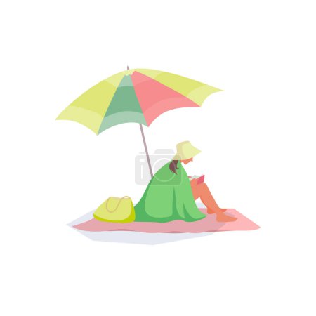 Illustration for Woman reads the book on the beach sitting under the umbrella. Vector color isolated illustration. - Royalty Free Image