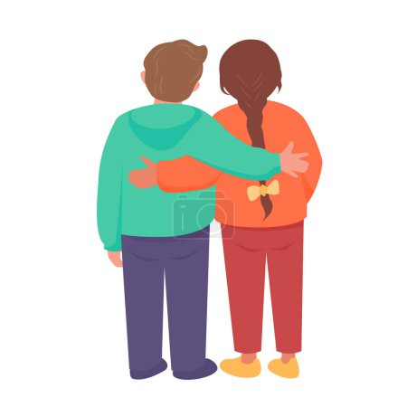 Ilustración de A girl and a boy stand hugging each other. Back view. Vector isolated color illustration in flat style. - Imagen libre de derechos