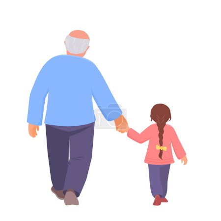 Téléchargez les illustrations : Grandfather and granddaughter walk holding hands. Back view. Vector isolated color illustration in flat style. - en licence libre de droit