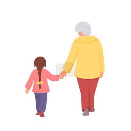 Téléchargez les illustrations : Grandmother and granddaughter walk holding hands. Back view. Vector isolated color illustration in flat style. - en licence libre de droit