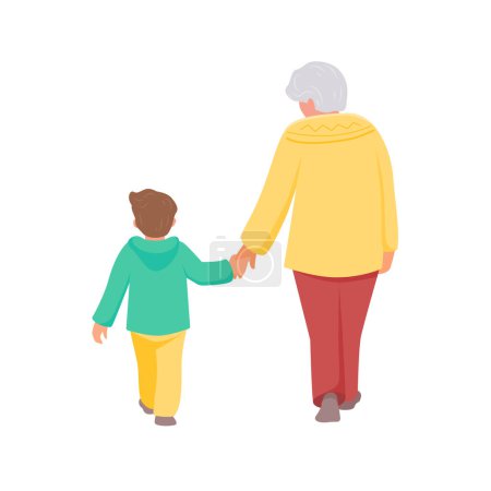 Ilustración de Grandmother and grandson walk holding hands. Back view. Vector isolated color illustration in flat style. - Imagen libre de derechos