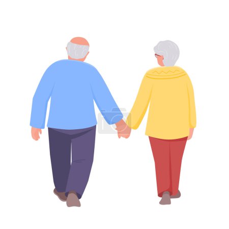 Illustration for Senior woman and man walk holding hand. Back view. Vector isolated color illustration in flat style. - Royalty Free Image