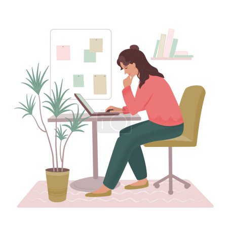 Téléchargez les photos : Une femme travaille sur un ordinateur portable. Illustration de couleur vectorielle isolée. - en image libre de droit