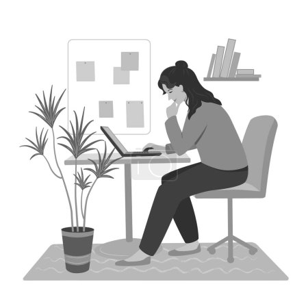 Téléchargez les illustrations : Une femme travaille sur un ordinateur portable. Illustration isolée vectorielle en niveaux de gris. - en licence libre de droit