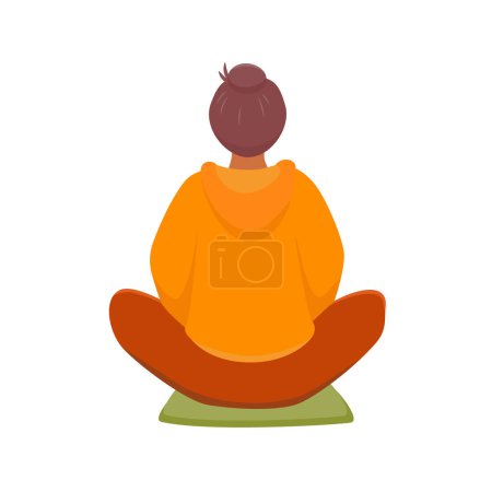 Woman is practicing meditation sitting in Siddhasana on the terrace of hut. Mountain landscape with lake. Vector color illustration 
