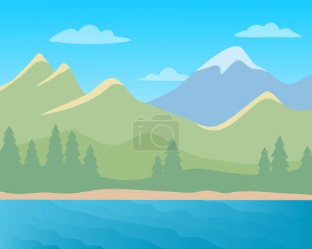 Téléchargez les photos : Paysage avec montagnes, lac et forêt. Illustration vectorielle couleur. - en image libre de droit