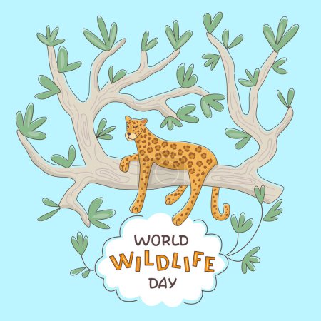 Téléchargez les illustrations : Lettrage de la Journée mondiale de la faune avec léopard couché sur un arbre. Illustration vectorielle en couleur dans le style contour rempli. - en licence libre de droit