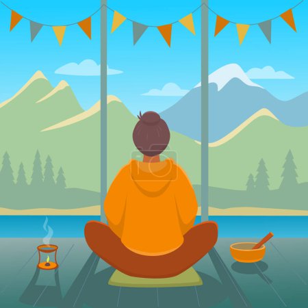 Frau übt Meditation sitzend in Siddhasana auf der Terrasse der Hütte. Berglandschaft mit See. Vektorfarbige Illustration 