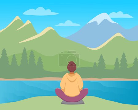 Woman is practicing meditation looking at the  mountain landscape with lake. Vector color illustration 