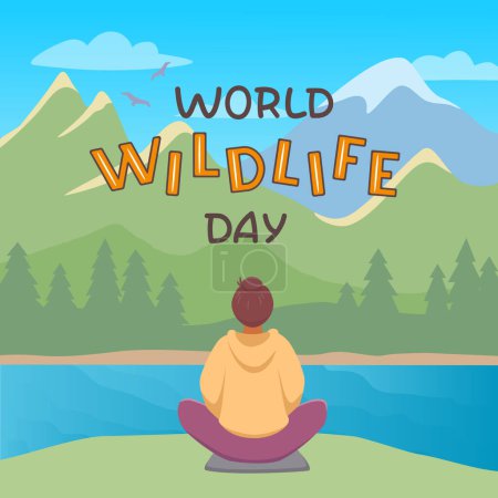World Wildlife Day lettering poster with woman practicing meditation looking at the mountain landscape. Vector color illustration 