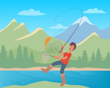 Téléchargez les photos : Pêcheur joyeux attrapé un poisson. Paysage avec montagnes, lac et forêt. Illustration vectorielle couleur. - en image libre de droit