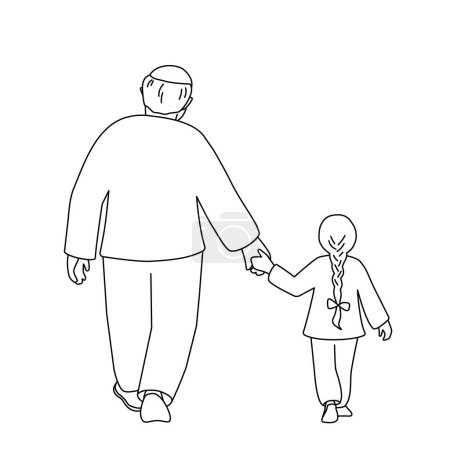 Téléchargez les illustrations : Grandfather and granddaughter walk holding hands. Back view. Vector isolated illustration in line art style. - en licence libre de droit
