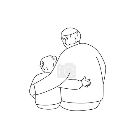 Illustration for Grandfather is hugging a grandson. Back view. Vector isolated illustration in line art style. - Royalty Free Image