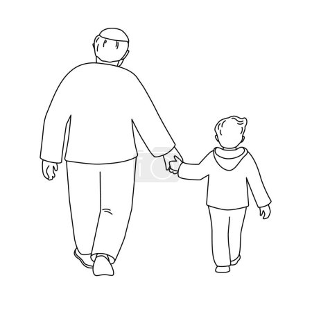 Illustration for Grandfather and grandson walk holding hands. Back view. Vector isolated illustration in line art style. - Royalty Free Image