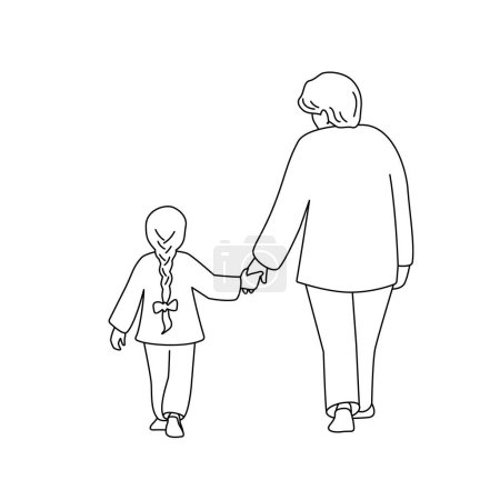 Illustration for Grandmother and granddaughter walk holding hands. Back view. Vector isolated illustration in line art style. - Royalty Free Image