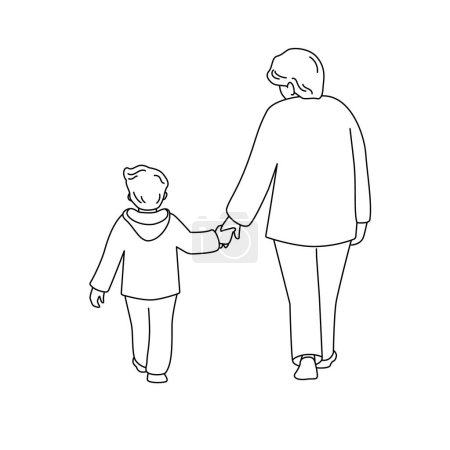 Téléchargez les illustrations : Grand-mère et petit-fils marchent en se tenant la main. Vue de derrière. Illustration vectorielle isolée dans le style line art. - en licence libre de droit