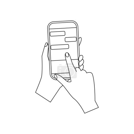 Téléchargez les illustrations : Les mains féminines tenant smartphone. Vue de dessus. Illustration vectorielle isolée dans le style line art. - en licence libre de droit