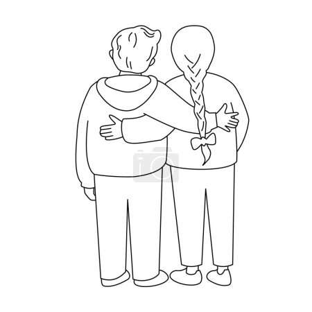 A girl and a boy stand hugging each other. Back view. Vector isolated illustration in line style.	