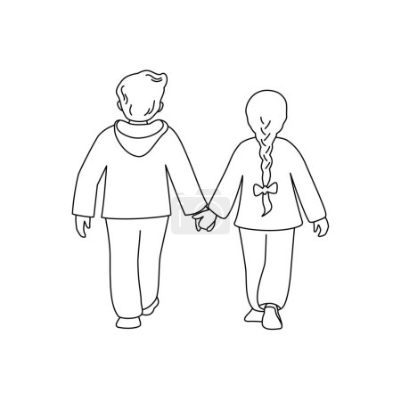 A girl and a boy walk holding hands. Back view. Vector isolated illustration in line style.	
