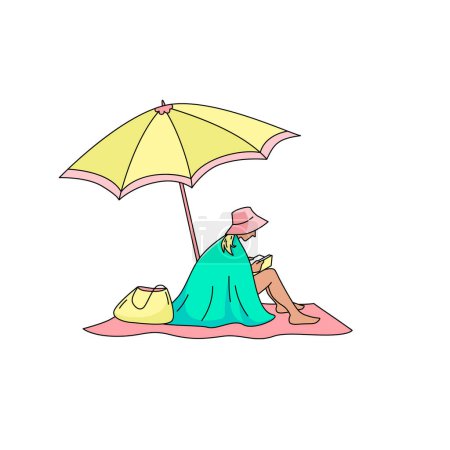 Ilustración de Woman reads the book on the beach sitting under the umbrella. Vector color isolated illustration in filled outline style. - Imagen libre de derechos