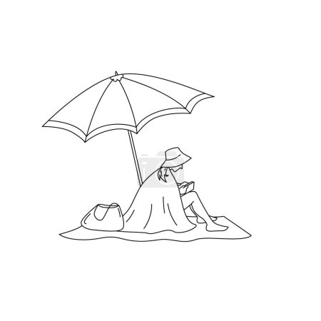 Illustration for Woman reads the book on the beach sitting under the umbrella. Vector isolated illustration in line style. - Royalty Free Image