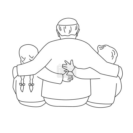Illustration for Grandfather is hugging a granddaughter and grandson. Back view. Vector isolated illustration in line style. - Royalty Free Image