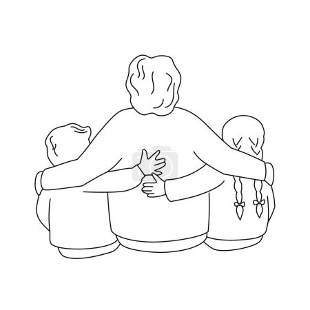 Illustration for Grandmother is hugging a granddaughter and grandson. Back view. Vector illustration in line style. - Royalty Free Image