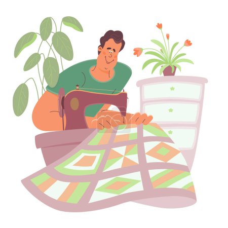 Téléchargez les illustrations : Cheerful man is sewing on a retro sewing machine a patchwork quilt. Vector isolated color illustration in cartoon style. - en licence libre de droit