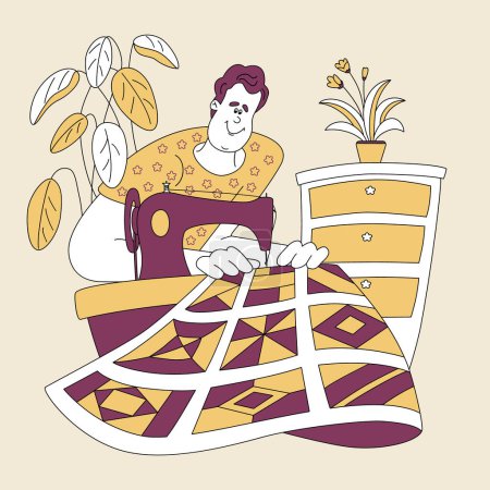 Illustration for Cheerful man is sewing on a retro sewing machine a patchwork quilt. Vector color illustration in filled outline cartoon style. - Royalty Free Image