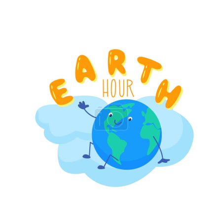 Illustration for Earth Hour poster. The planet Earth in kawaii style is sitting on the clouds holding the candle. Vector color illustration in flat style. - Royalty Free Image