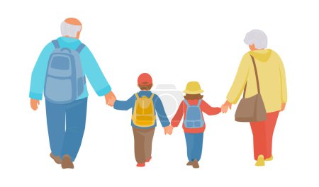 Téléchargez les illustrations : Grandparents and grandchildren with backpacks walking. Back view. Vector isolated color illustration. - en licence libre de droit