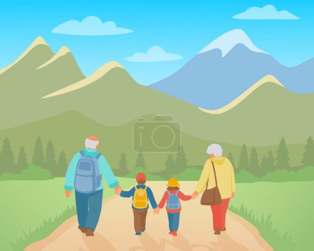 Illustration for Grandparents and grandchildren with backpacks traveling among the mountains landscape. Back view. Vector isolated color illustration. - Royalty Free Image