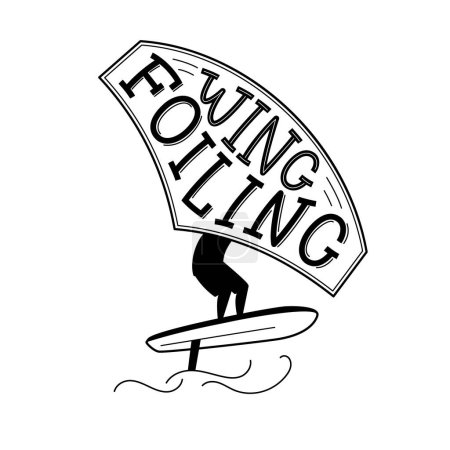 Flügelflitzer-Schriftzug. Der Surfer steht auf einem Brett, hält sich an einem Flügel fest und bewegt das Brett über das Wasser. Vektor isolierte Illustration.