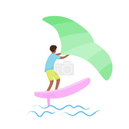 Hombre de pie sobre un tablero, se aferra a un ala y mueve el tablero a través del agua. Deporte de foiling ala. Ilustración a color aislada vectorial.