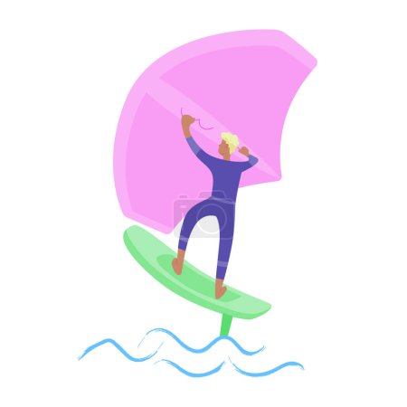 Hombre de pie sobre un tablero, se aferra a un ala y mueve el tablero a través del agua. Deporte de foiling ala. Ilustración a color aislada vectorial.