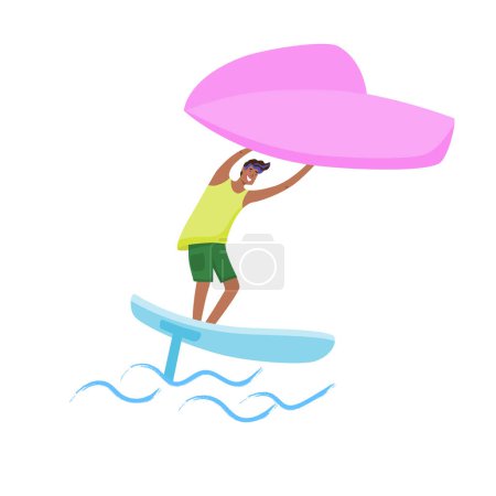 Man standing on a board, holds onto a wing and moves the board across the water. Wing foiling sport. Vector isolated color illustration.