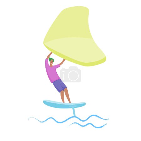 Man standing on a board, holds onto a wing and moves the board across the water. Wing foiling sport. Vector isolated color illustration.