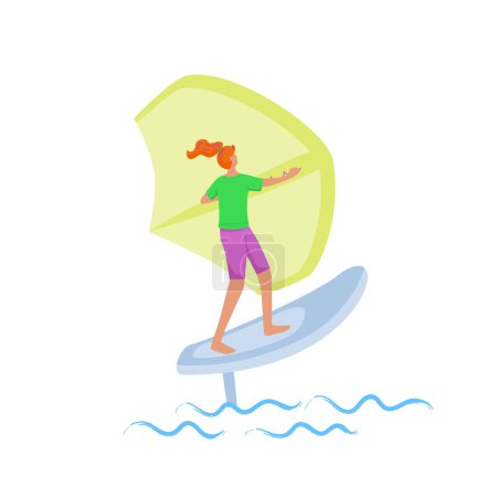 Mujer de pie sobre un tablero, se aferra a un ala y mueve el tablero a través del agua. Deporte de foiling ala. Ilustración a color aislada vectorial.