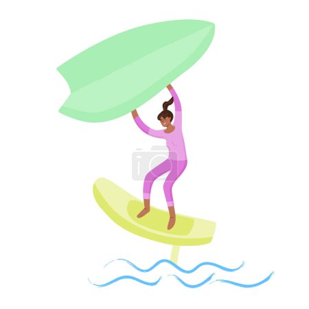 Illustration for Woman standing on a board, holds onto a wing and moves the board across the water. Wing foiling sport. Vector isolated color illustration. - Royalty Free Image