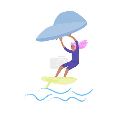 Mujer de pie sobre un tablero, se aferra a un ala y mueve el tablero a través del agua. Deporte de foiling ala. Ilustración a color aislada vectorial.