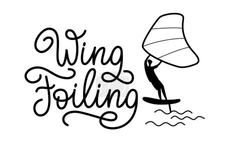 Wing foiling lettering with the man standing on a board, holds onto a wing. Vector black and white isolated illustration.