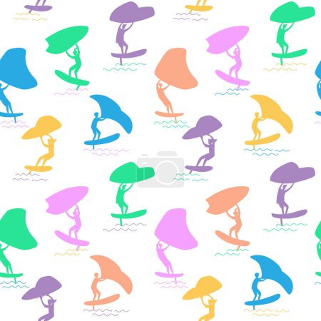 Seamless pattern with wing foiling people silhouette.  Vector color illustration on the white background.